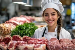 A woman in a chef hat is smiling while holding meat photo