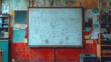 A classroom with a whiteboard and a desk photo