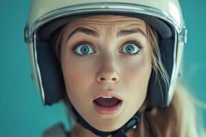 A woman wearing a helmet with a surprised expression photo
