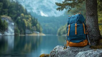 A backpack sits on the edge of a lake photo