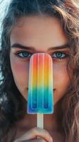 A girl with long curly hair holding a colorful ice cream bar photo