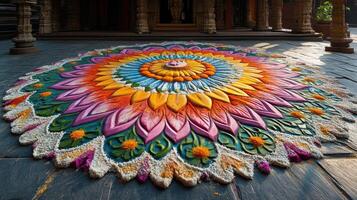 A colorful flower is on the floor in front of a temple photo