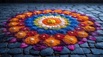 Colorful crochet flower on stone floor photo