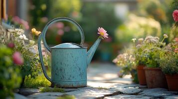 A watering can with a flower in it on a stone path photo