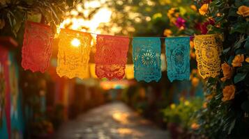 Colorful mexican flags hanging from a wall photo