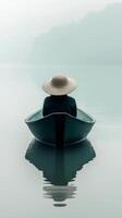 A person in a hat is in a boat on a lake photo