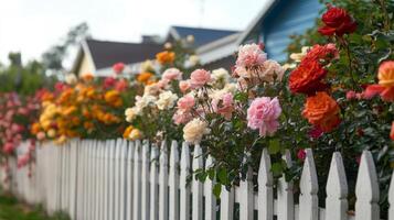 Colorful roses are growing on a white picket fence photo