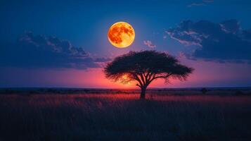 A full moon rising over a tree in the middle of a field photo