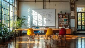 A conference room with colorful chairs and a whiteboard photo