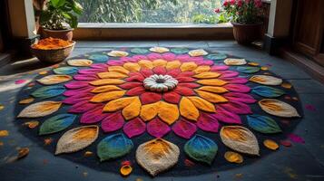A colorful flower is on the floor in front of a window photo