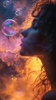 A woman blowing bubbles in the air with a fire photo