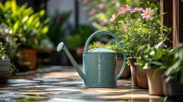 A watering can and potted plants on a patio photo