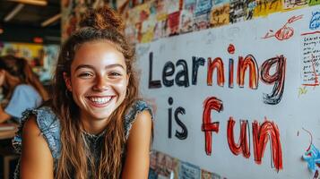 A smiling girl sitting at a table with a sign that says learning is fun photo