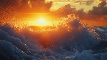 The sun setting over the ocean with waves crashing photo