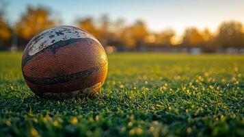 A rugby ball on the grass in the sun photo