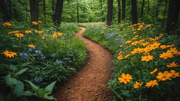 A path through a forest with flowers and trees photo