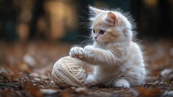 A kitten playing with a ball of yarn photo