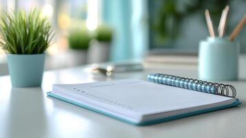 A notepad and pen on a desk with a plant in the background photo