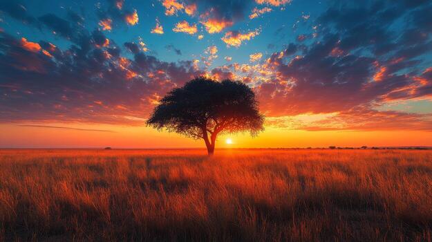 A lone tree in the middle of a field at sunset photo