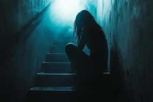 A woman sitting on the stairs in a dark room photo