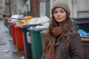 A woman in a winter hat and coat standing in front of trash cans photo