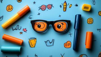 Glasses with doodles on a blue background photo