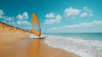 A sailboat on the beach with waves and a blue sky photo