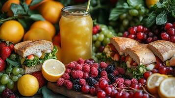 A table with sandwiches, fruit and juice photo