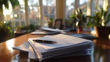 A stack of papers on a desk with a pen photo