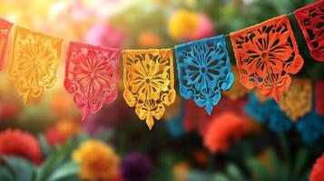 Colorful paper flags hanging from a string in the sun photo