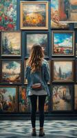 A woman looking at paintings in an art gallery photo
