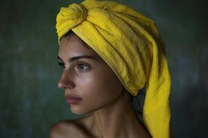 A woman with a towel on her head photo