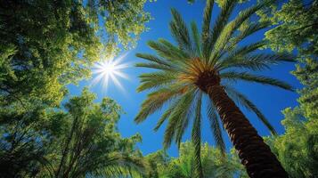 Palm trees and sun in the forest photo