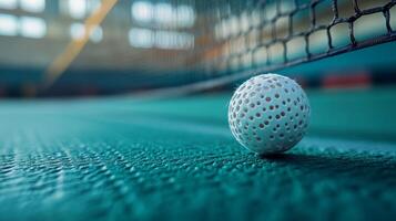 A tennis ball sits on the ground next to a net photo