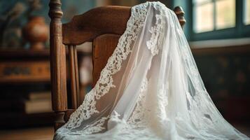 A wedding veil on a chair photo