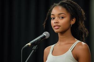 A young woman with dreadlocks is speaking into a microphone photo