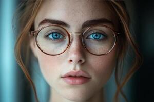 A woman with glasses and blue eyes photo