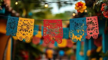 Colorful paper flags hanging from a string photo