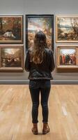 A woman looking at paintings in an art museum photo
