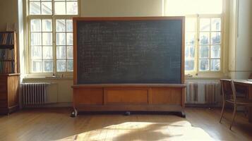 A blackboard in a classroom with a wooden floor photo