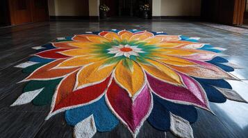 A colorful flower is on the floor in a room photo