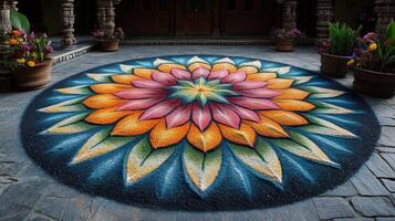 A colorful flower is on a round rug photo