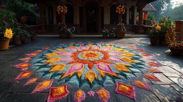 A colorful flower is on the ground in front of a house photo