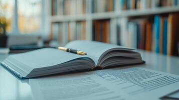 A pen and open book on a desk photo