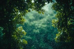 Rainy day with green trees and raindrops photo