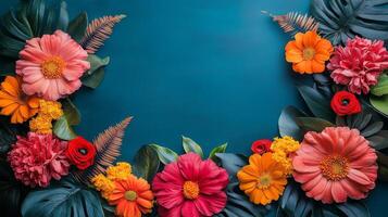 Flowers and leaves on a blue background photo
