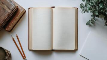 An open book, pencils, and a plant on a white table photo