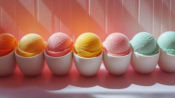 A row of colorful ice cream scoops in white cups photo