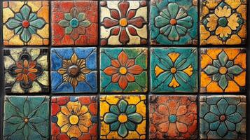 A colorful tile with flowers and leaves photo