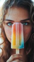 A woman with long hair holding a colorful popsicle photo